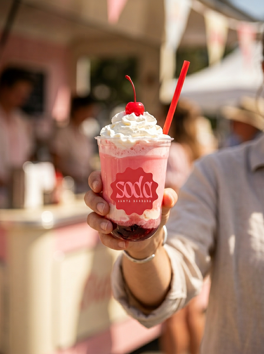 Hand holding a clear cup of pink sweet cream dirty soda with whipped cream, a cherry and a red straw, branded with the Soda Santa Barbara logo