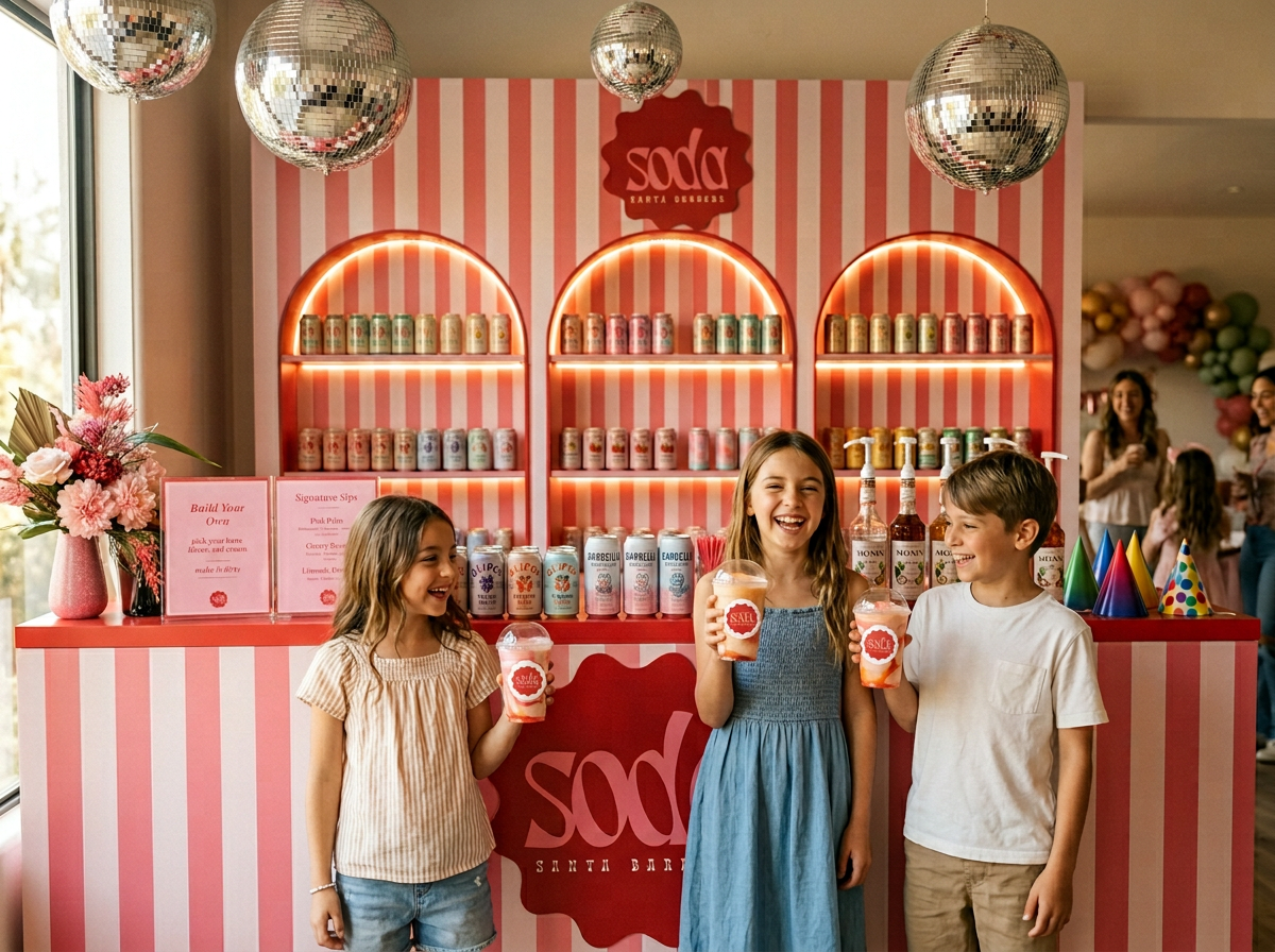 Happy kids sipping colorful dirty sodas at the funky retro pop-up bar